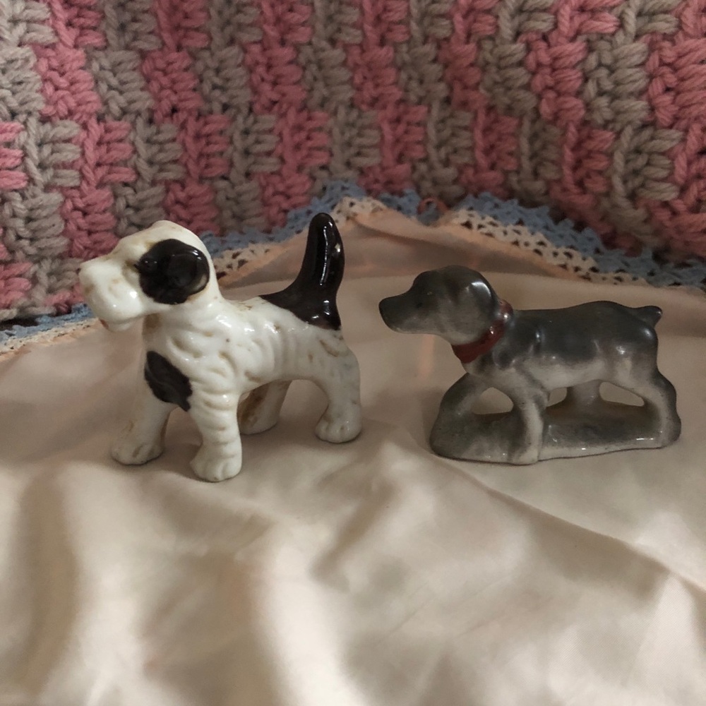 Vintage Ceramic Dog Figurines - White, Brown, Gray